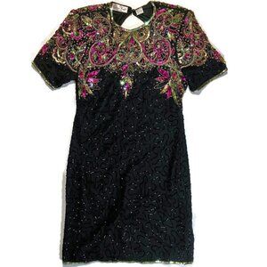 Vtg 80s 90s Laurence Kazar Silk Sequin Beaded Party Dress Mardi Gras Black Gold